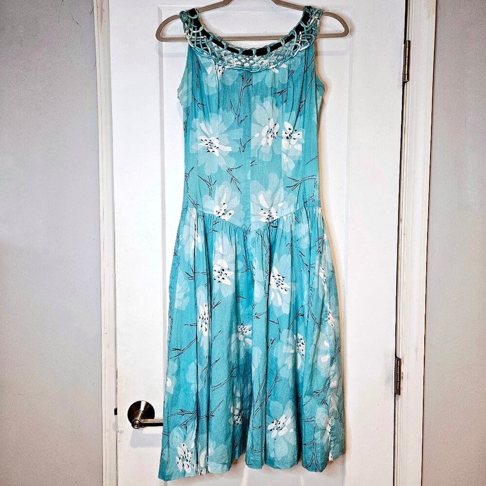 Vintage 1950s Natlynn Floral Basque Waist Dress With Lattice Neckline